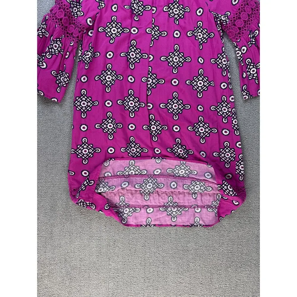 Crown & Ivy Dress Bell‎ Sleeve Crochet Magenta Navy Geometric Print Size Small